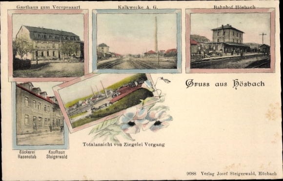 Ak Hösbach Unterfranken, Gasthaus zum Vorspessart, Kalkwerke, Bahnhof, Bäckerei Hasenstab, Ziegelei