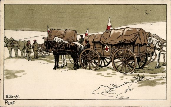 Künstler Ak Bercht, E., Rast, Rotes Kreuz, Sanitäts-Train, Fuhrwerke, I. WK