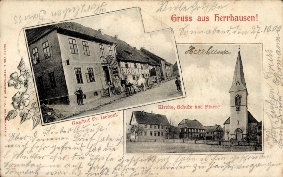 Ak Herrhausen Seesen in Niedersachsen, Gasthof Fr. Isebeck, Kirche, Pfarre, Schule