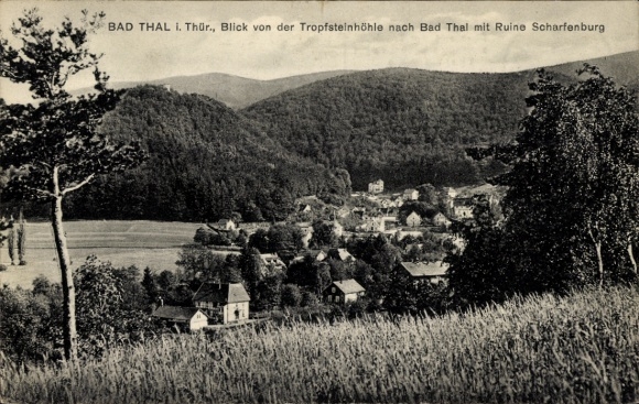 Postcard Bad Thal Ruhla in Thuringia, town with ruin Scharfenburg seen from the stalactite cave