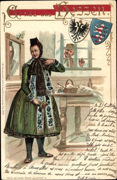 Coat of arms Chromo-Litho Young woman in Hessian costume, farmhouse room, man at the window
