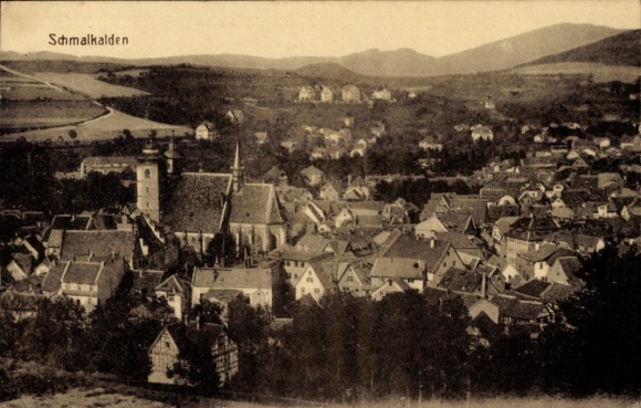 Postcard Schmalkalden in the Thuringian Forest, panorama of old church, houses, hills in the background