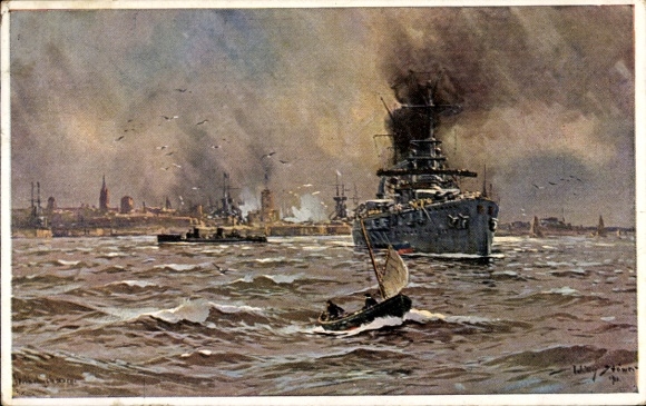 Artist Postcard Stöwer, W., Wilhelmshaven in Lower Saxony, warship, sailing boat