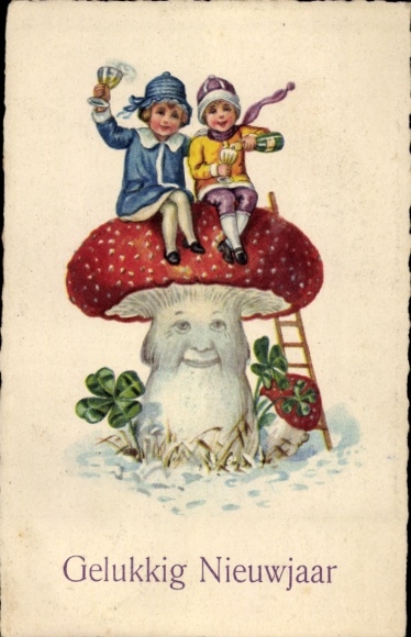 Postcard Happy New Year, Humanized Fly Agaric, Children with Champagne Bottle, Clover