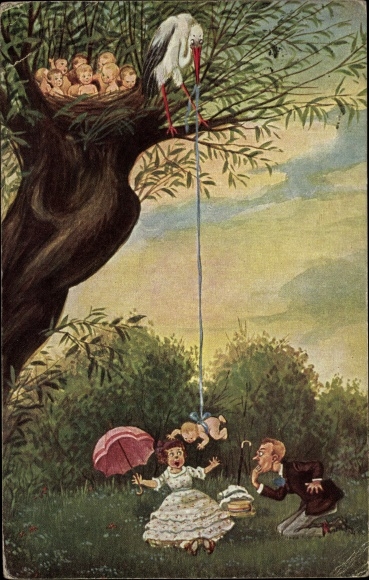 Artist Postcard Zahl, H., becoming a father is not difficult, couple at a picnic, stork, child