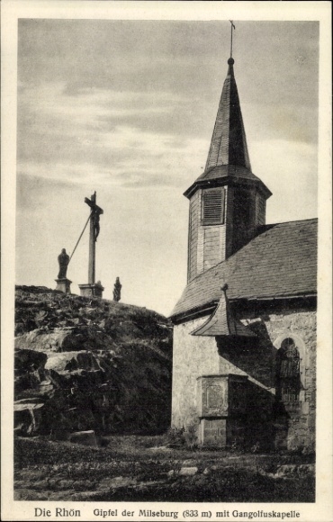 Postcard Kleinsassen Hofbieber, summit of the Milseburg with Gangolfus Chapel, crucifix
