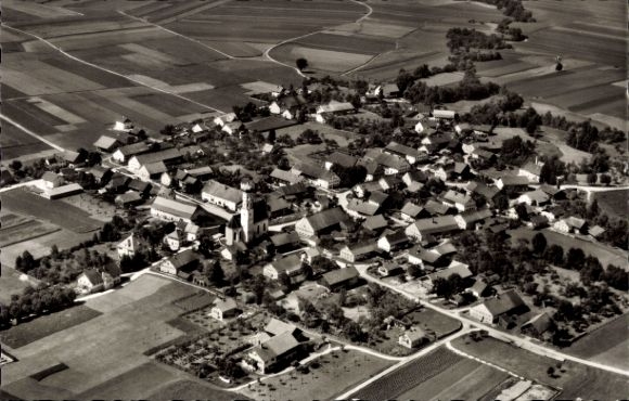 Postcard Raisting Upper Bavaria, aerial photograph of agricultural land, residential buildings, village view