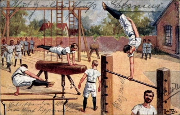 Künstler Ak Thiele, Arthur, Turnen, Turner am Barren, Reck, Pferd