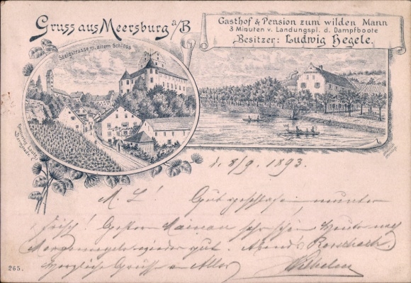 Voorloper litho Meersburg aan de Bodensee, algemeen beeld, herberg en pension "zum wilden Mann"