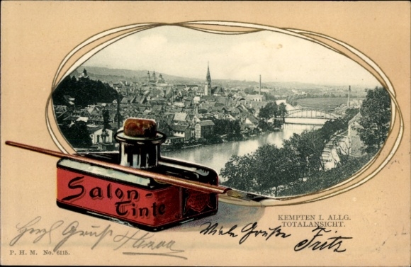 Präge Passepartout Ak Kempten im Allgäu, Gesamtansicht, Tintenfass Salon-Tinte, Schreibfeder