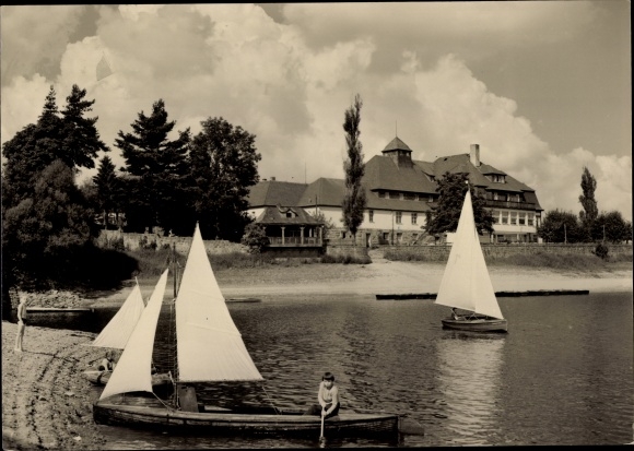 Postcard Paulsdorf Dippoldiswalde, Malter dam, HO Hotel Haus Seeblick, sailing boats