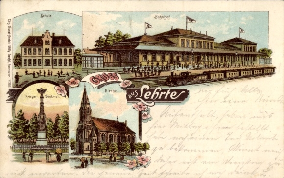 Chromo-Litho Lehrte in Lower Saxony, train station, warrior monument, school, church