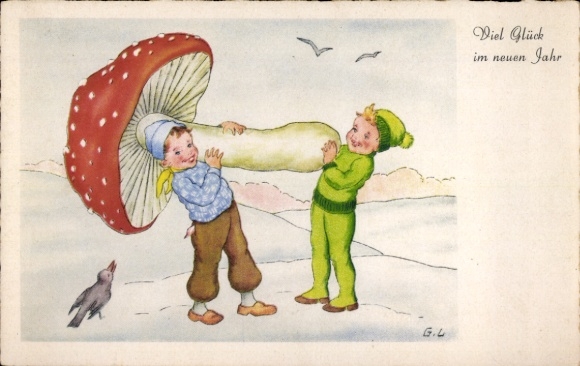 Ak Neujahr, Kinder mit Fliegenpilz