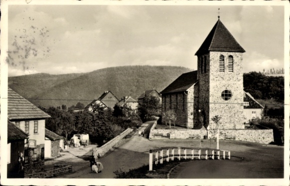 Postcard Rurberg Simmerath Eifel, view of the church and surroundings, panorama, woman with stroller