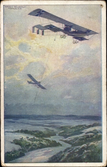 Artist PC Schulze, Hans Rudolf, military biplane on a reconnaissance trip over the Argonne Forest