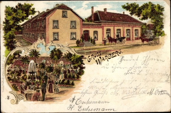 Chromo-Litho Warberg in Lower Saxony, lot at an inn, carriages
