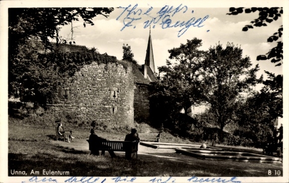 Postcard Unna Westfalen, at the Eulenturm with church tower