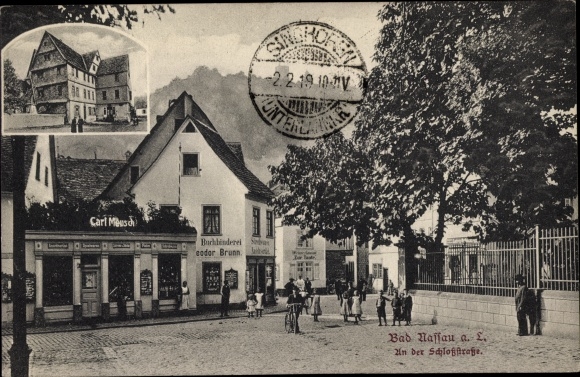 Postcard Nassau in the Rhein Lahn district, lot on Schlossstrasse, bookbinding, owner Theodor Brunn