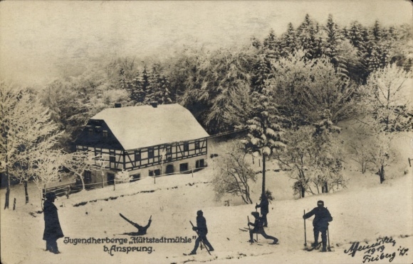 Postcard Ansprung Marienberg in the Ore Mountains, Hüttstadtmühle youth hostel in winter