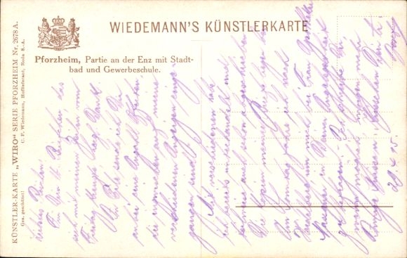 Postcard Pforzheim in the Black Forest, public baths, trade school, Enz, Wiro 2678 B