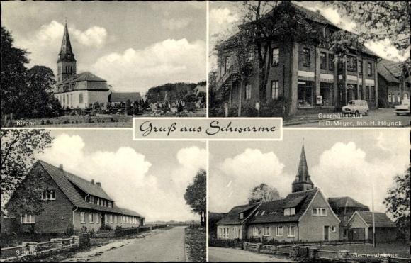 Postcard Schwarme, commercial building FD Meyer, owner H. Höynck, church, school, community center