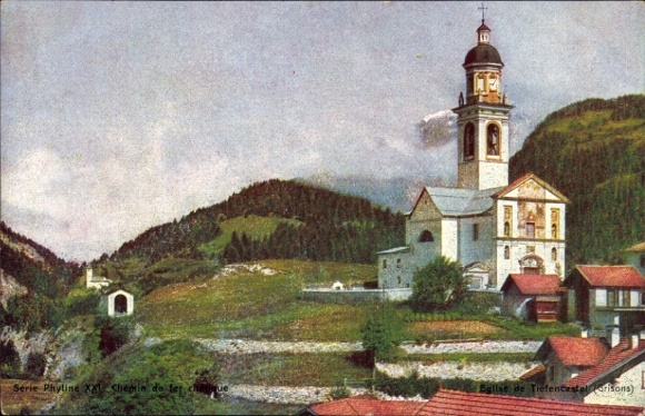 Postcard Tiefenkasten Tiefencastel Canton of Graubünden, Church