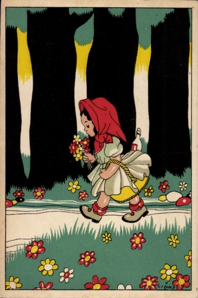 Künstler Ak Links, Roodkapje, Rotkäppchen auf dem Weg durch den Wald, Blumen, Korb