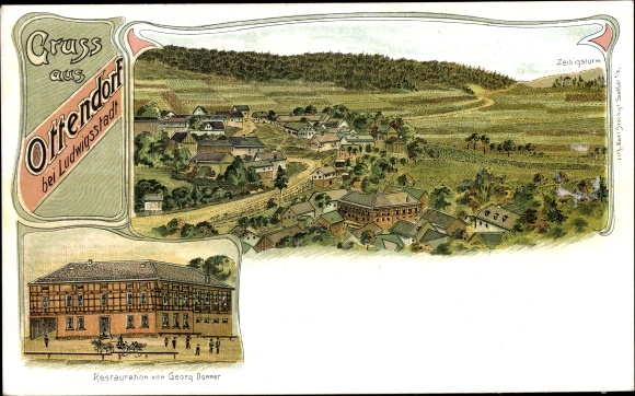litho Ottendorf Ludwigsstadt in Opper-Franken, overzicht, restauratie Georg Donner