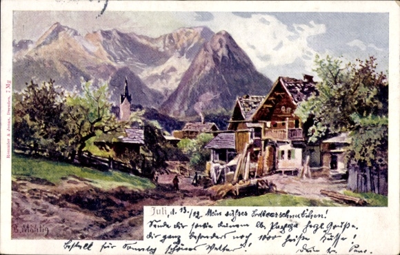 Artist Postcard Mühlig, B., July, Village view in summer, Römmler & Jonas No. 7