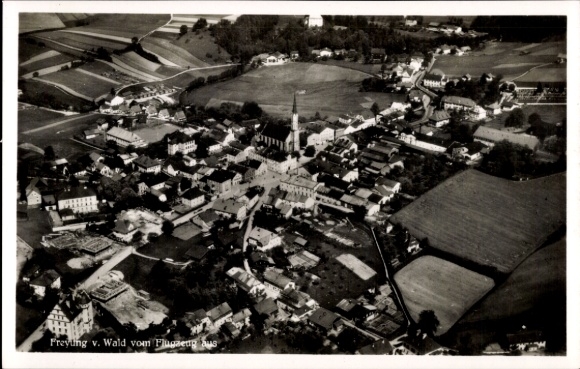 Postcard Freyung in the Bavarian Forest, aerial view of the town of Freyung, distinctive landscape, buildings