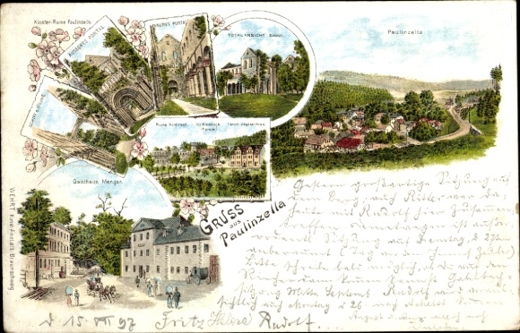 Chromo-Litho Paulinzella Königsee Rottenbach Thuringia, monastery ruins, Menger Inn