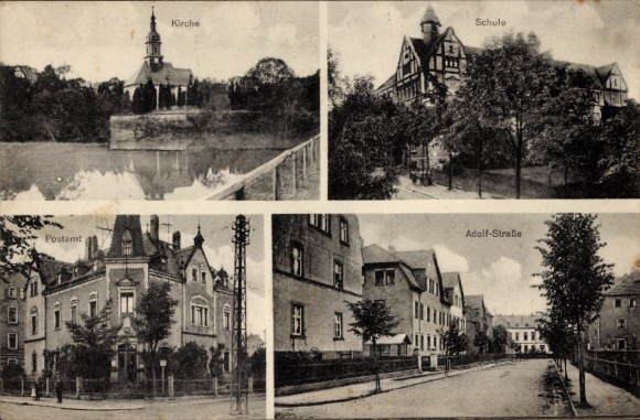 Ak Flöha in Sachsen, Postamt, Schule, Kirche, Adolf-Straße