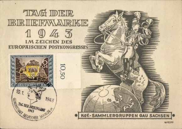 Künstler Ak Tag der Briefmarke 1943, Postreiter, KdF Sammlergruppen Gau Sachsen