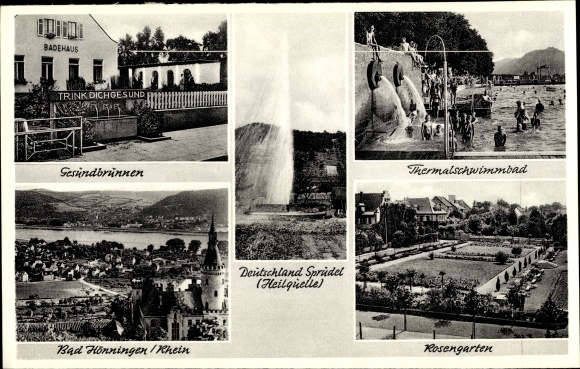 Postcard Bad Hönningen am Rhein, Gesundbrunnen, Rosengarten, Deutschlandsprudel, bathhouse, thermal baths