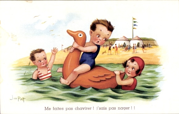 Artist Postcard Patt, Jim, Boy on a rubber duck in the water