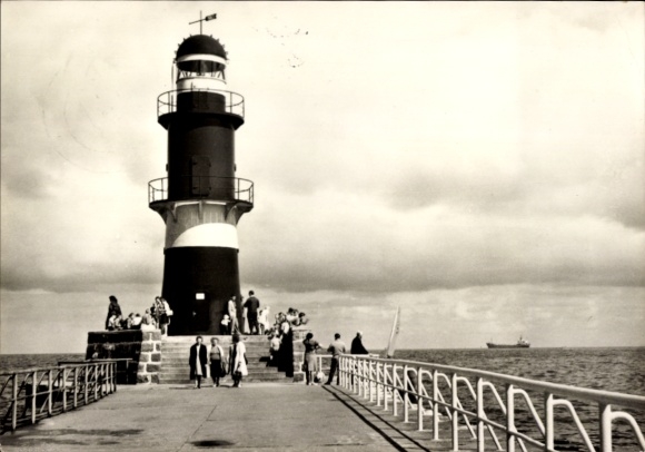 Postcard Ostseebad Warnemünde Rostock, lighthouse, pier, people, ship, clouds