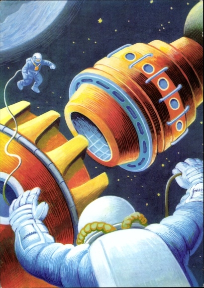 Artist Postcard Assembly of a Space Station in Orbit, Space Travel