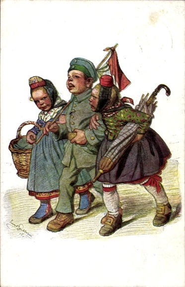 Artist Postcard Beithan, Emil, Girl in Hessian costume, boy as soldier, WWI