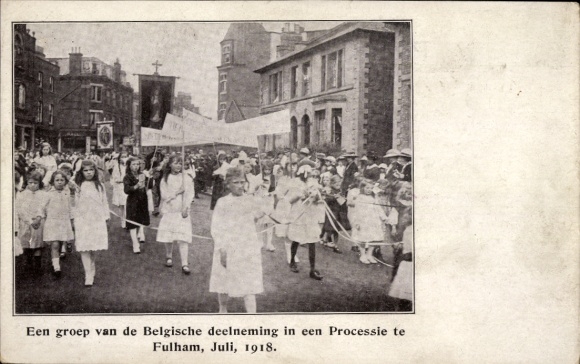 PC Sands End Fulham London England, Belgian group, procession, July 1918