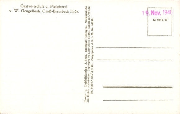 Postcard Großbrembach Buttstädt in Thuringia, aerial photograph, restaurant and butcher shop Gengelbach