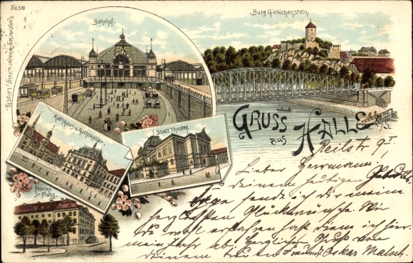 Chromo-Litho Halle an der Saale, city theater, train station, town hall, Ratskeller, Franke Foundation, Giebichenstein