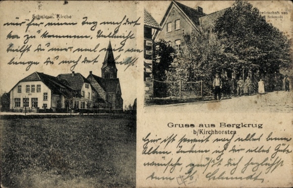 Postcard Kirchhorsten Helpsen, restaurant, owner C. Schmidt, school, Bergkrug