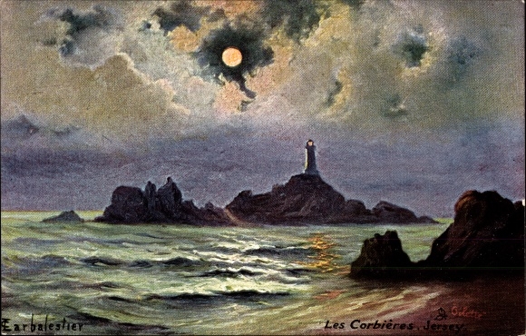 Artist Moonlight PC Jersey Channel Islands, Corbiere Lighthouse, Tuck No. 7133