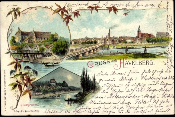 Chromo-Litho Havelberg in Saxony Anhalt, moat, cathedral, partial view