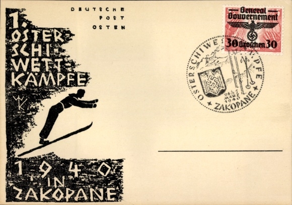 Artist Postcard Zakopane Poland, 1st Easter Ski Competitions 1940