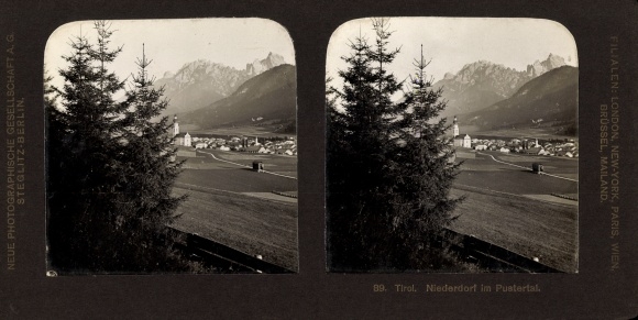 Stereofoto Villabassa Niederdorf in het Pustertal Zuid-Tirol, rond 1905, overzicht