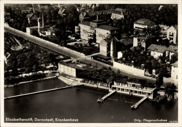 Postcard Darmstadt in Hessen, aerial photograph, Elisabethenstift, hospital