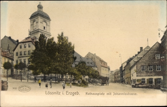 Postcard Loessnitz Loessnitz in the Ore Mountains, town hall square with Johannisstraße