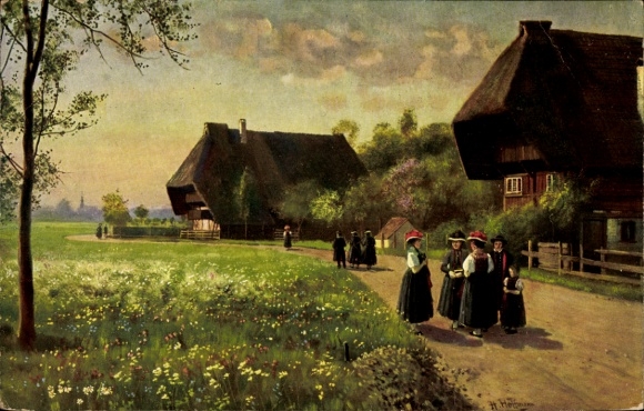 Kunstenaar Ak Hoffmann, H., zondagochtend in het Zwarte Woud, klederdracht, Bollenhuts