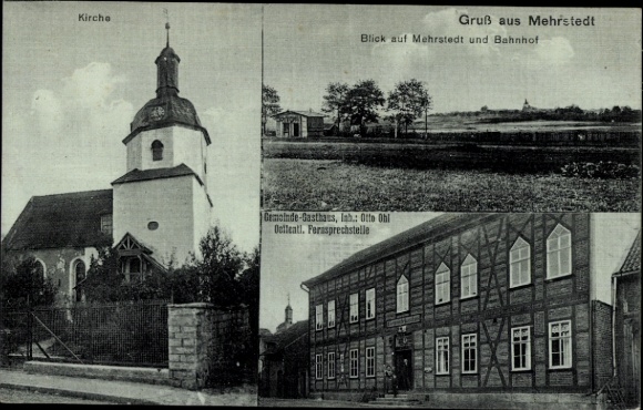 Postcard Mehrstedt Schlotheim in Thuringia, train station, church, community inn